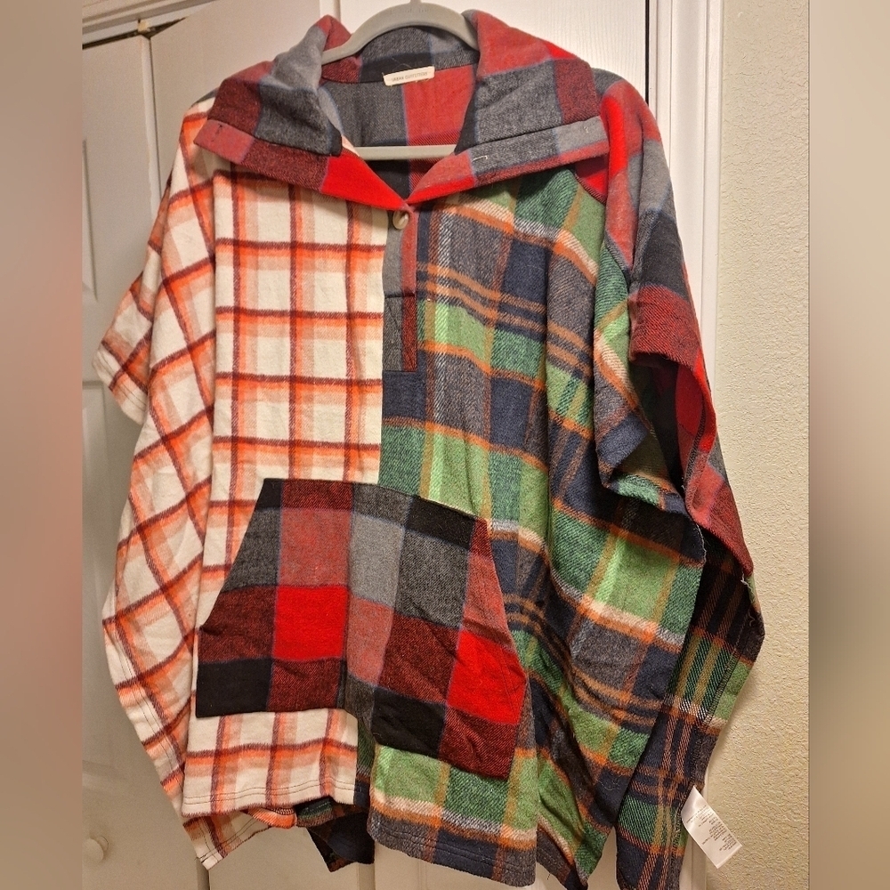 Urban Outfitters Plaid Patchwork Poncho With Kangaroo Pocket & Button-up Collar
